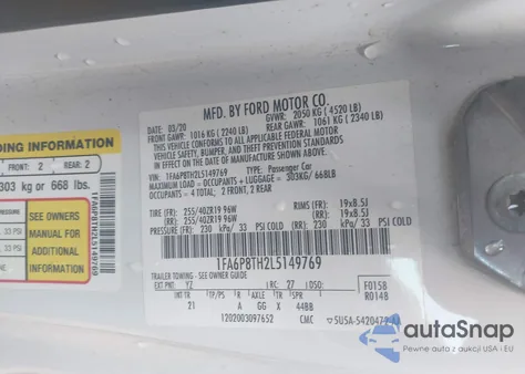 2020 Ford Mustang Ecoboost Fastback z USA, uszkodzony, nr VIN 1FA6P8TH2L5149769